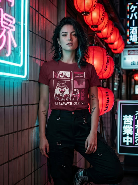 Woman wearing a Barbarian class Dungeons and dragons shirt inspired by the famous anime Princess Mononoke. The shirt design captures the essence of Barbarian power using bold lineart.